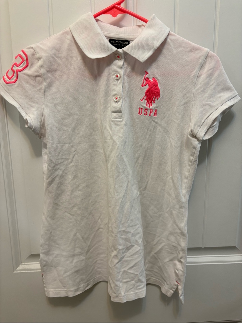 U.S. Polo Assn. White Polo with Pink Embroidered Logo with collar detail. Size S